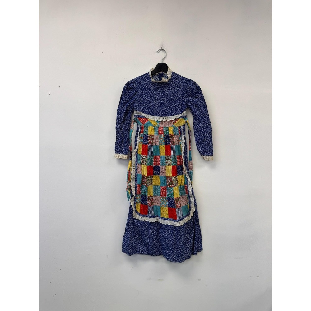 Vintage Patchwork Prairie Dress Juniors 10 Blue Floral High Neck Apron Boho 70s